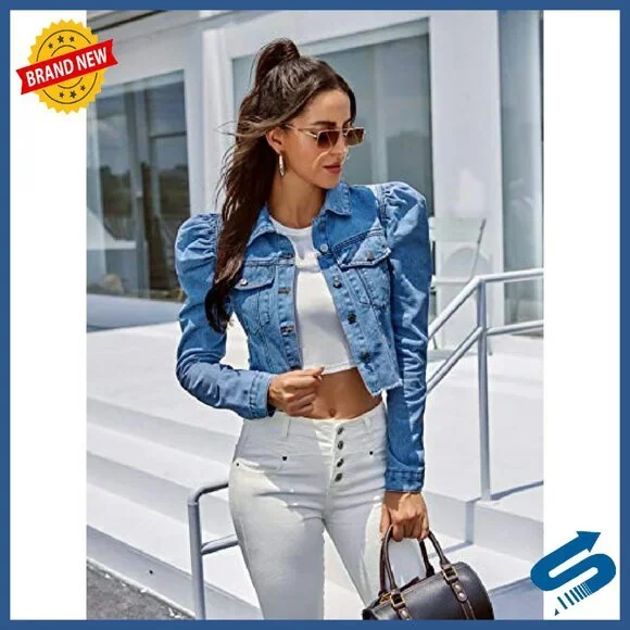 Ripped Puff Sleeve Denim Jacket Button Front Casual Streetwear - Picture 5 of 6